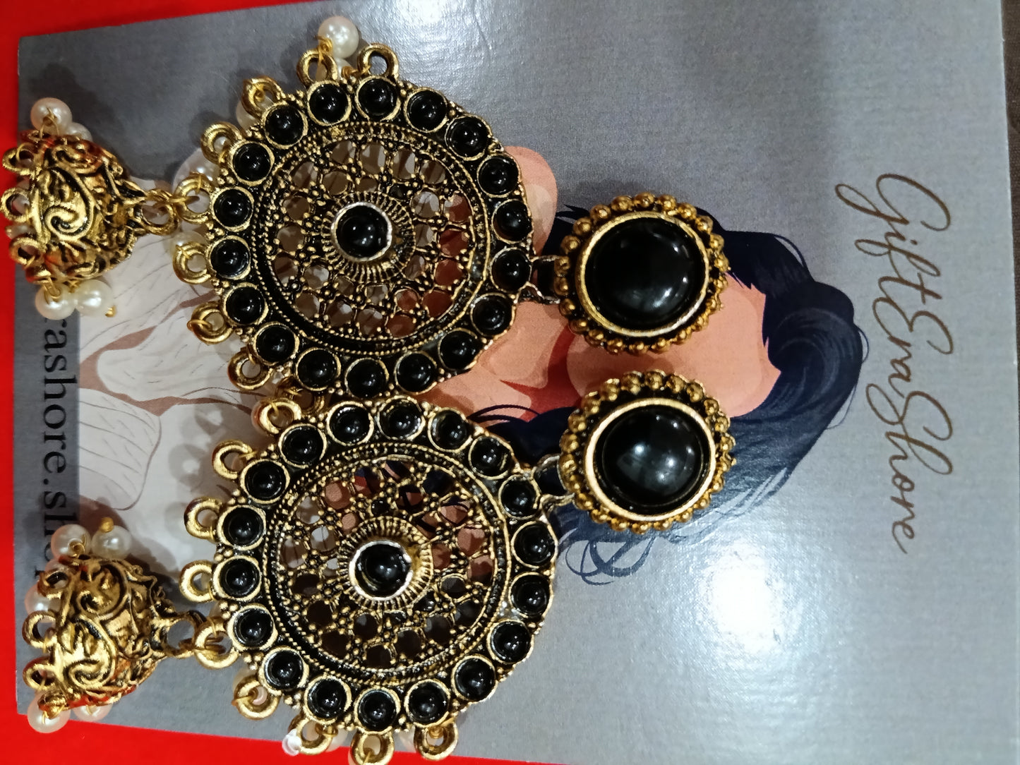 Antique Gold Black Stone Mandala Jhumka Earrings