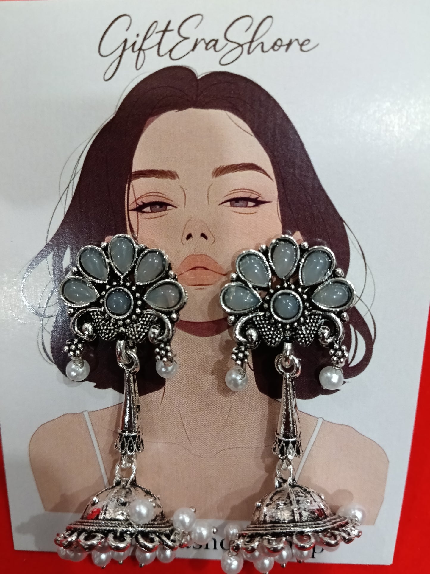 Oxidized Silver Floral Jhumka Earrings - Grey Stone
