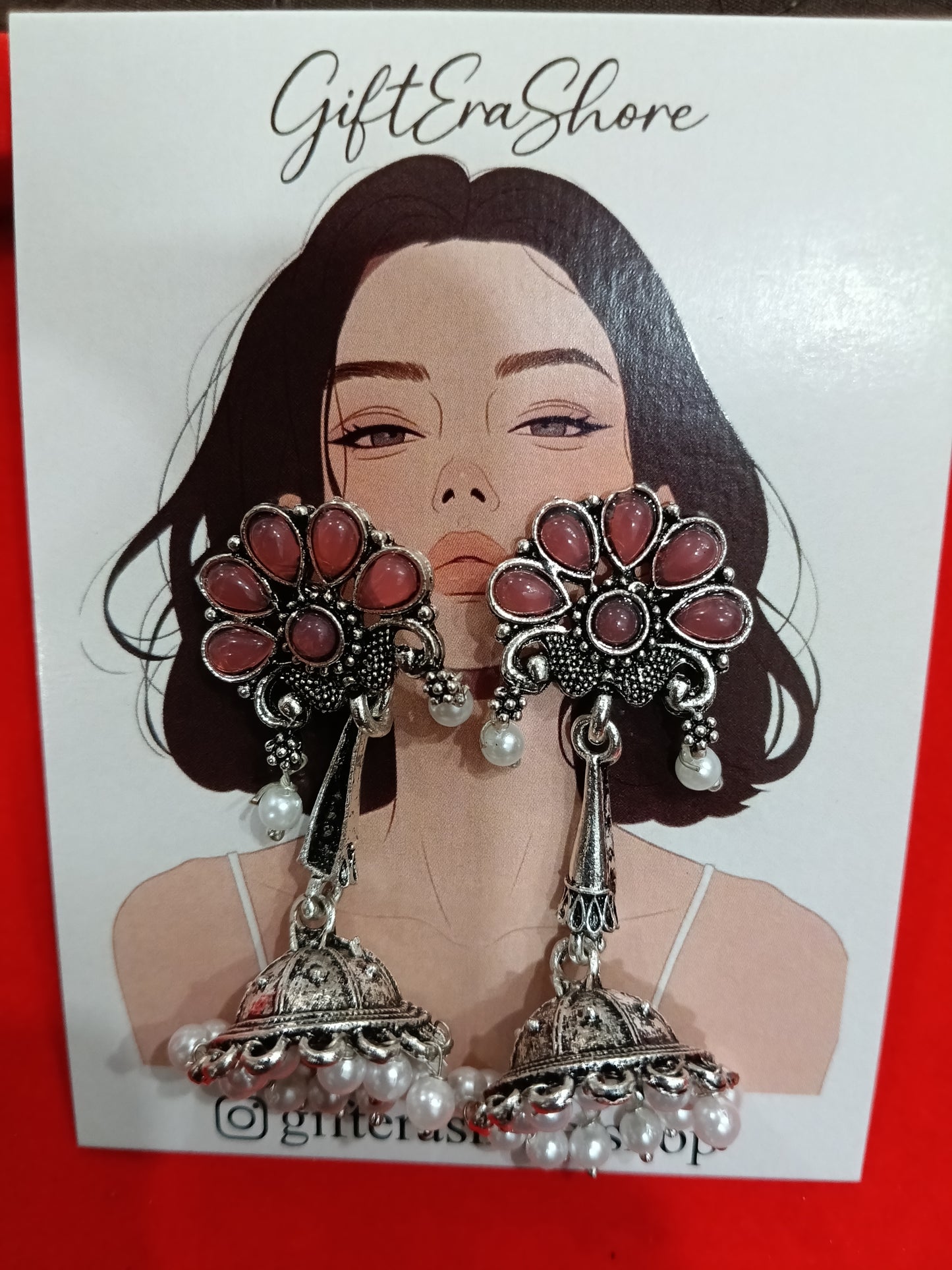 Oxidized Silver Floral Jhumka Earrings - Pink Stone