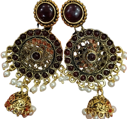 Antique Gold Temple Jhumka Earrings - Maroon Stone