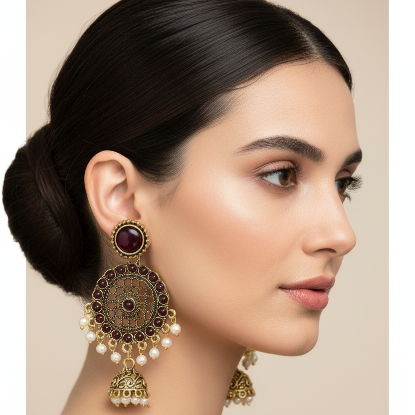 Antique Gold Temple Jhumka Earrings - Maroon Stone