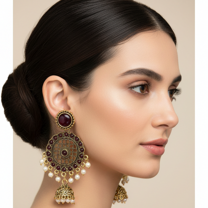 Antique Gold Temple Jhumka Earrings - Maroon Stone
