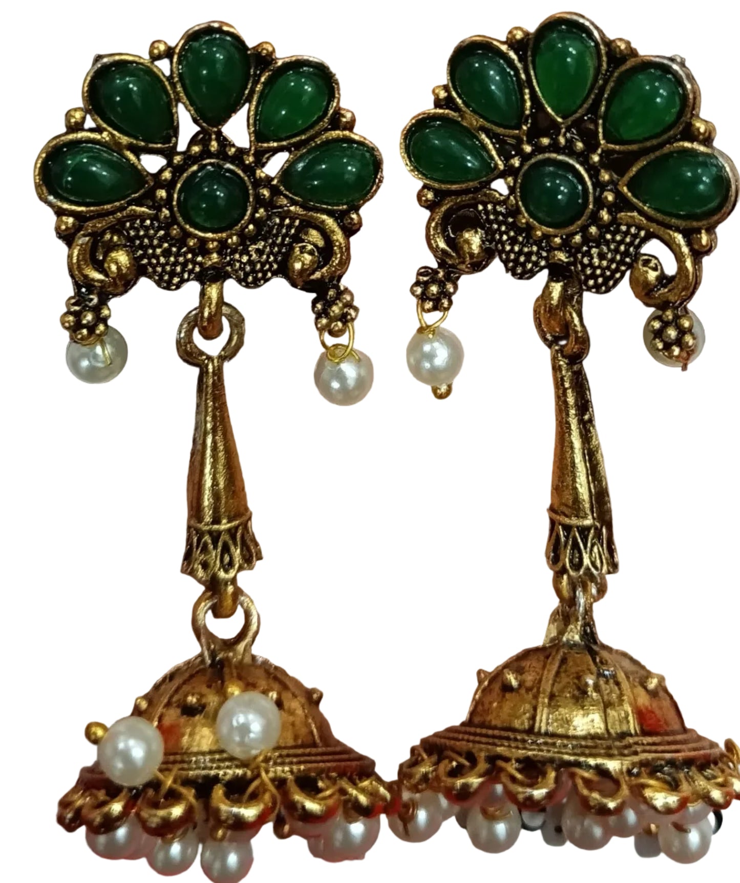 Antique Gold Floral Jhumka Earrings - Green Stone