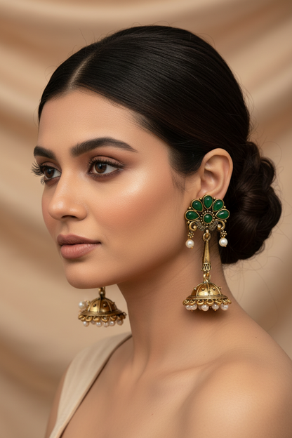 Antique Gold Floral Jhumka Earrings - Green Stone