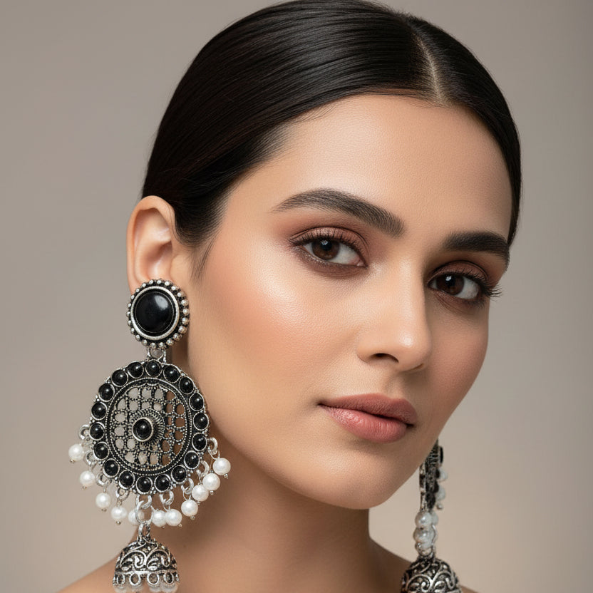 Oxidized Silver Mandala Jhumka Earrings - Black Stone