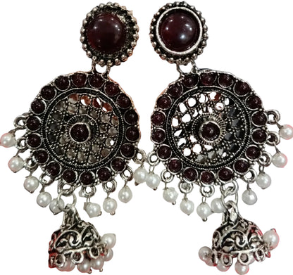 Oxidized Silver Mandala Jhumka Earrings - Maroon Stone