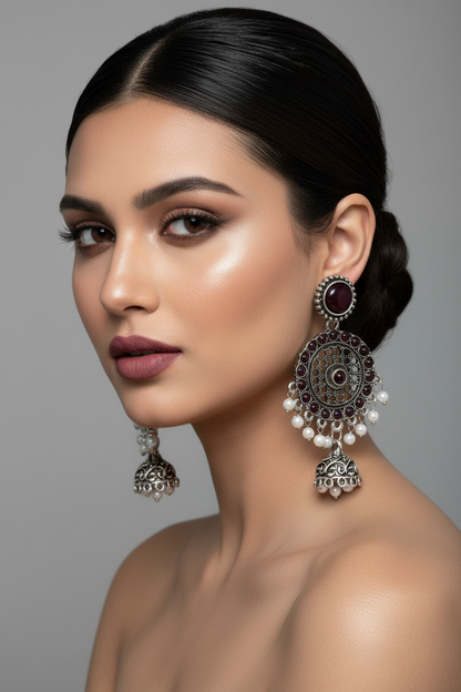 Oxidized Silver Mandala Jhumka Earrings - Maroon Stone