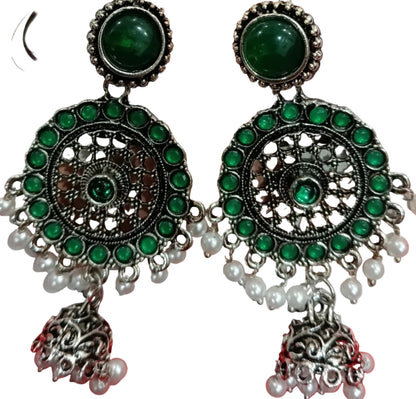 Dark Green Mandala Stud Jhumka Earrings with Pearls