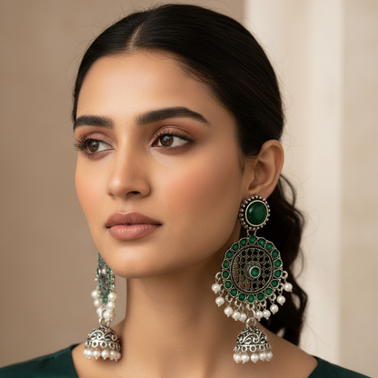 Dark Green Mandala Stud Jhumka Earrings with Pearls