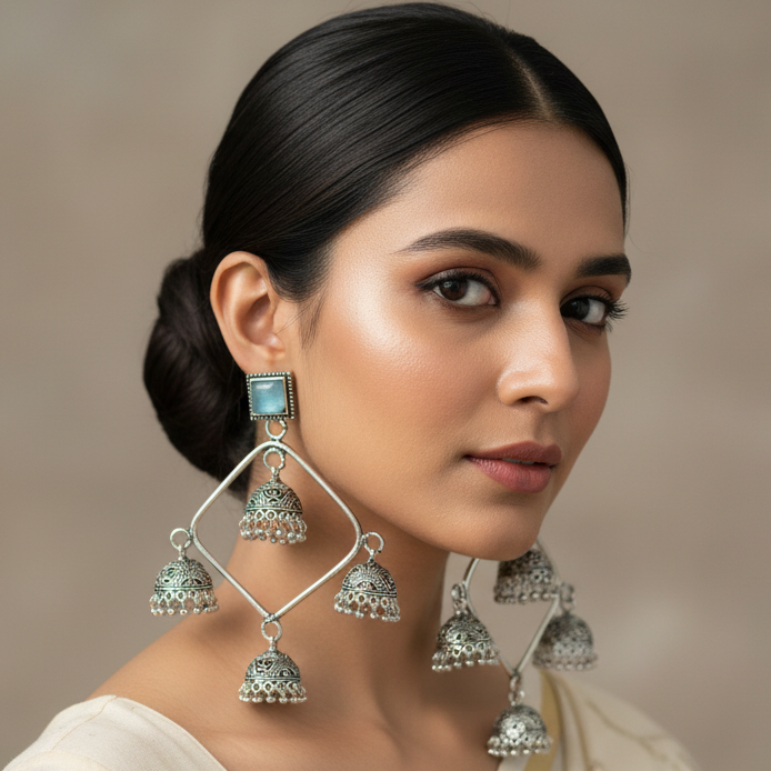 Light Blue Square Frame Jhumka Danglers