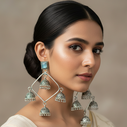 Light Blue Square Frame Jhumka Danglers