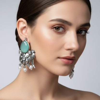 Aqua Blue Bird and Teardrop Dangler Earrings