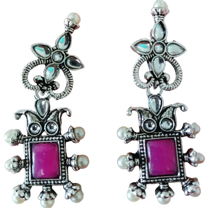 Turquoise Square Drop Pearl Earrings with Flower Stud