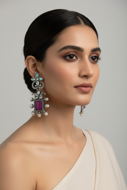Turquoise Square Drop Pearl Earrings with Flower Stud