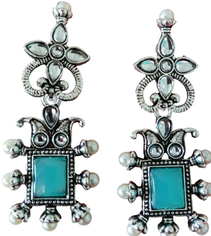 Turquoise Square Drop Pearl Earrings with Flower Stud