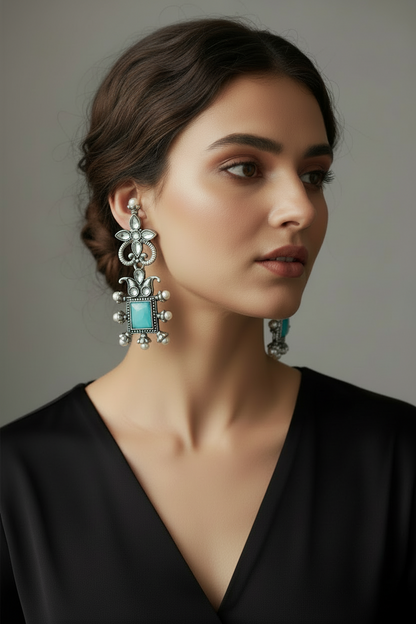 Turquoise Square Drop Pearl Earrings with Flower Stud