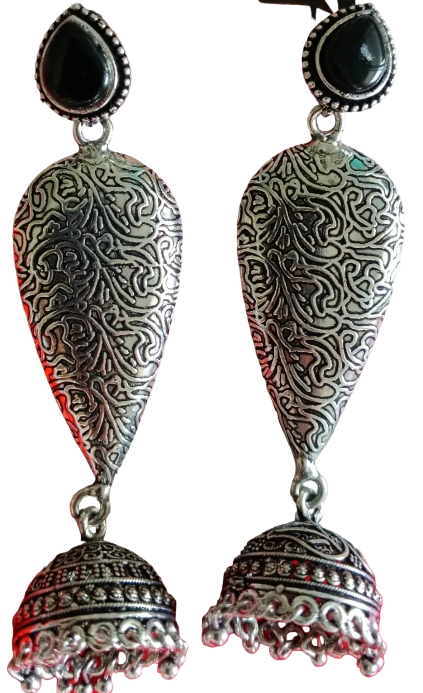 Black Long Teardrop Shield Jhumka Earrings