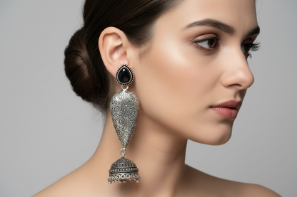 Black Long Teardrop Shield Jhumka Earrings