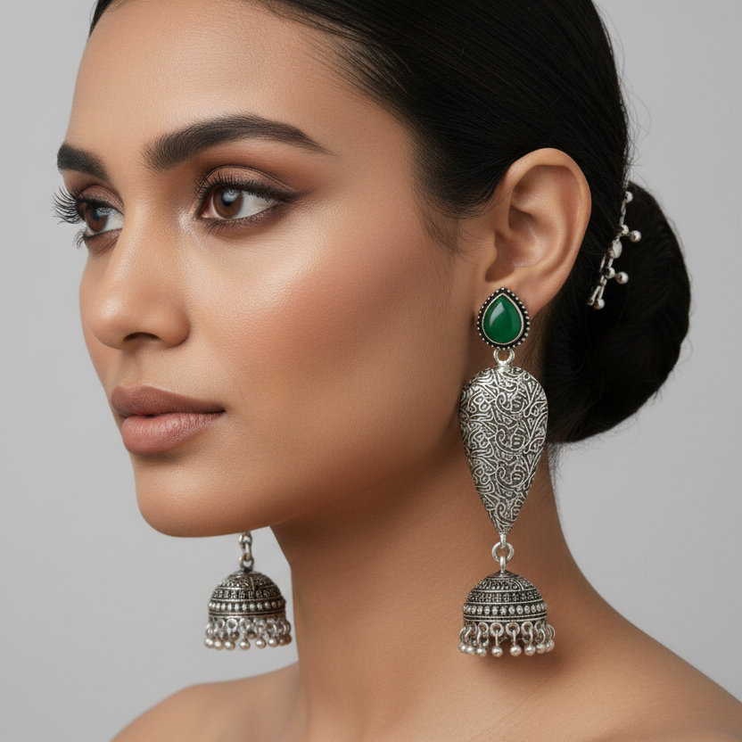 Black Long Teardrop Shield Jhumka Earrings