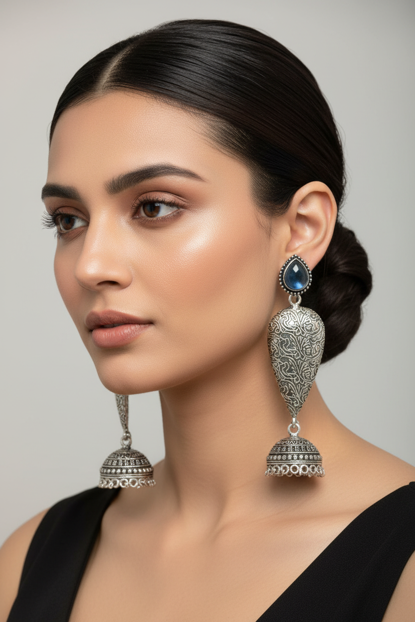 Black Long Teardrop Shield Jhumka Earrings