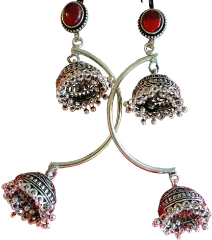 Red Circular Hoop Jhumka Earrings with Stud