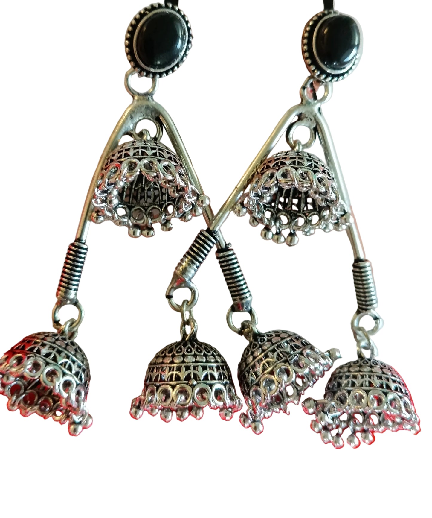 Black Triple Jhumka Triangle Dangler Earrings