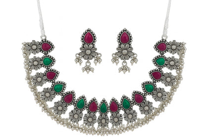 Silver Oxidised Floral Choker Set with Pink & Green Stones - Gift Era Shore